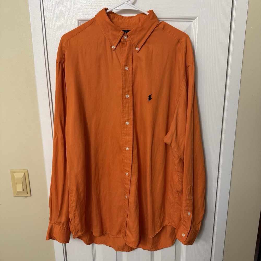 VTG Ralph Lauren Blake 71% Silk 29% Linen Button Down Orange Shirt Men's Large